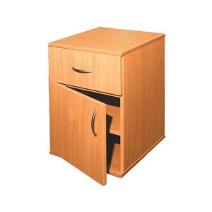 A bedside table with a door and a drawer