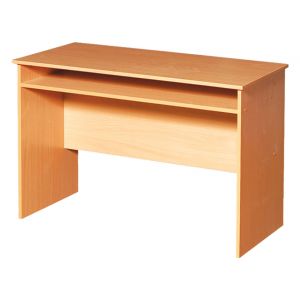 A desk with a shelf